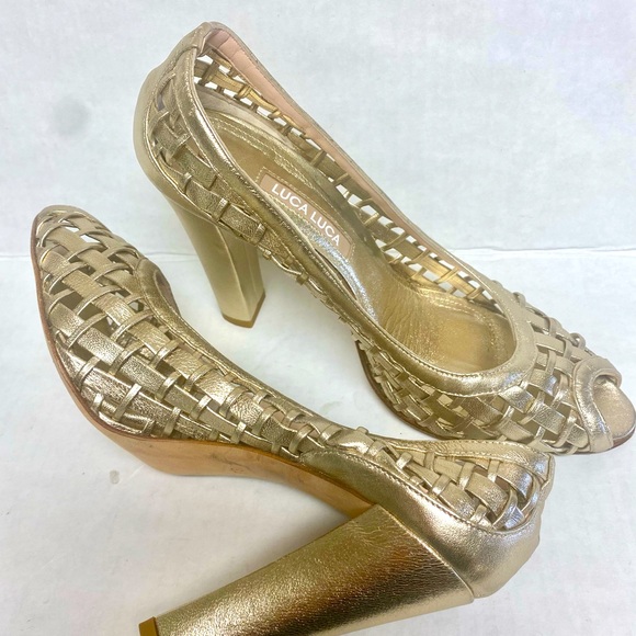 LUCA LUCA Woven Leather Peep Toe Pumps METALLIC GOLD Size 38 - Picture 1 of 3